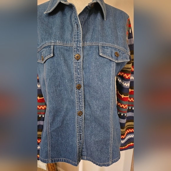 Vintage KORET Jean shirt/jacket with Knit wool printed sleeves and back. Size M - Picture 7 of 11